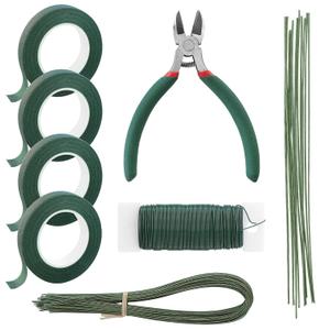 Floroom Floral Tape and Wire Kit with Cutter, 26 & 18 Gauge Stem Wire, 22 Gauge Paddle Wire, Flower Arrangement Tool Set for DIY Crafts, Wedding Bouquets & Florist