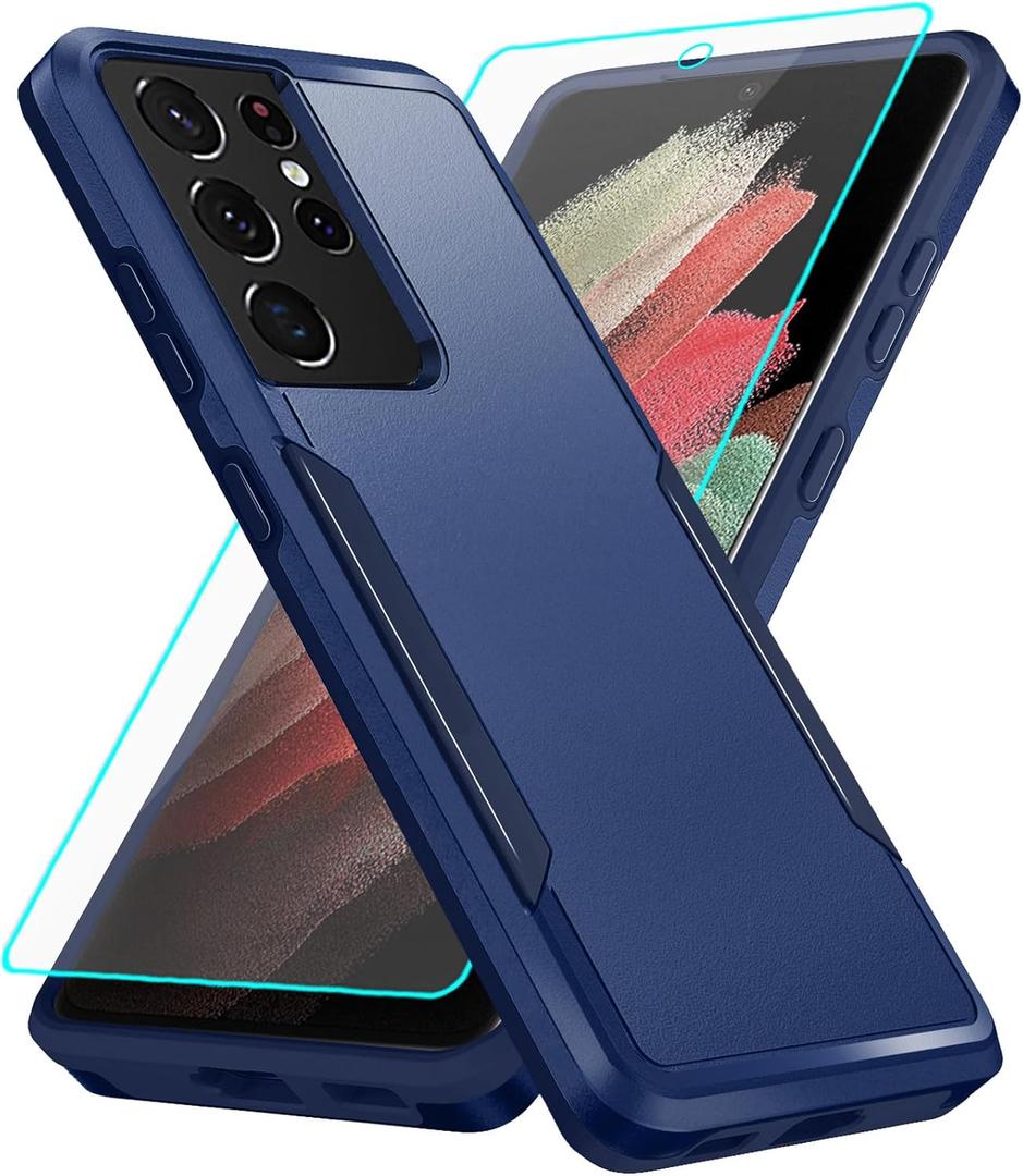 For Galaxy S21 Ultra Case with Screen Protection: Heavy Duty Protective Shockproof and Scratch Proof Cell Phone case for Samsung Galaxy S21 Ultra-Blue