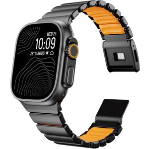 Magnetic Titanium Band Compatible with Apple Watch Size: 49mm/46mm/45mm/44mm/42mm(Series 3 2 1),Luxury Silicone Dual-Layer Link For iwatch Men Women (Black-Orange)