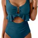 B2prity Womens One Piece Swimsuit Tummy Control Ruffled Bathing Suit V Neck Cutout Swim Suit Tie Back Swimwear S