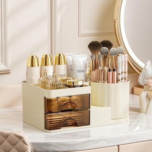 Makeup Organizer for Vanity with 2 Drawers,Countertop Rotating Makeup Brush Holder,Bathroom Organizer Holder,Cosmetic Display Case for Lipstick,Beauty,Skincare Organizer (Cream)