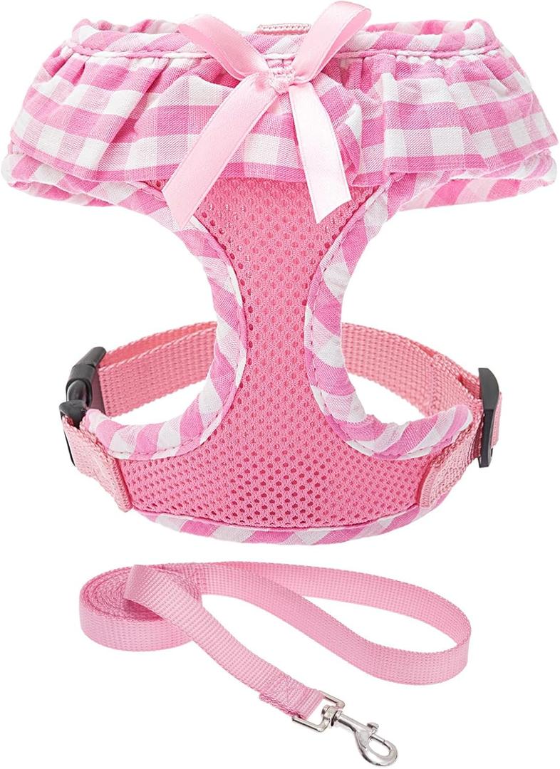 EXPAWLORER Cute Dog Harness and Leash Set - Pink Girl Dog Harness Checkered Step-in Design, Easy Adjustable No-Choke Lightweight Breathable Vest for Puppy Small Dogs Cats Outdoor Walking, Small