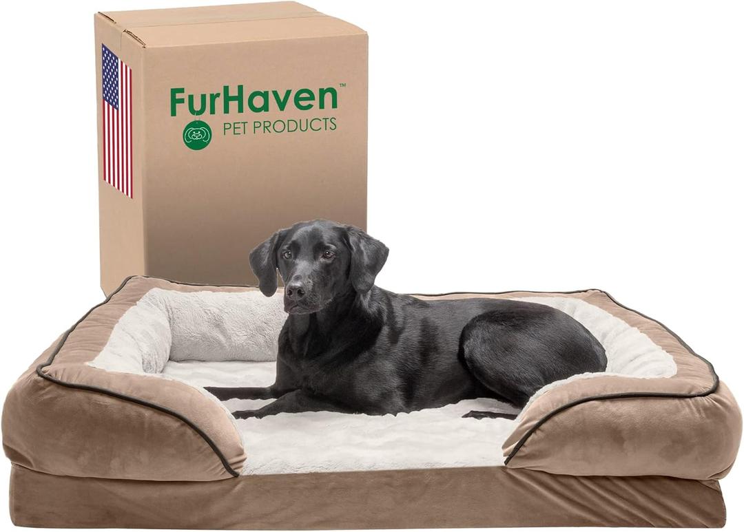 Furhaven Orthopedic Dog Bed for Large Dogs w/ Removable Bolsters & Washable Cover, For Dogs Up to 95 lbs - Plush & Velvet Waves Perfect Comfort Sofa - Brownstone, Jumbo/XL (40.0"L x 32.0"W x 9.5"Th)