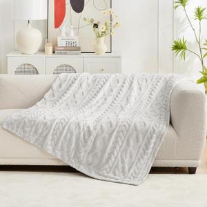 Cozy Bliss Faux Fur Throw Blanket for Couch, Jacquard Fuzzy Plush Soft Thick Winter Throw Blanket for Sofa Bed Living Room Bedroom50"x60" Beige (Throw(50" x 60"), Cable - Beige)