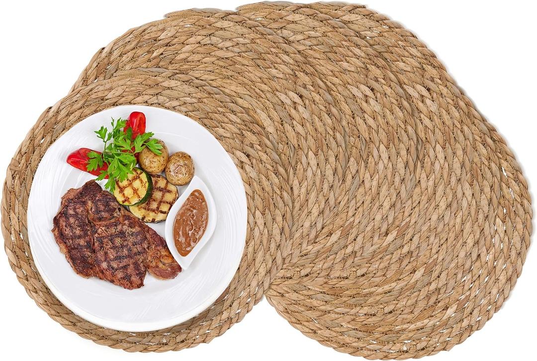 GENMOUS Woven Placemats Set of 6, 13" Round Placemats Natural Water Hyacinth Boho Placemats, Farmhouse Rattan Chargers for Dinner Plates,Rustic Braided Wicker Table Mats for Dining Table,Home,Wedding