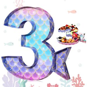 Mifoci 13.7''h Numbers 3 Mermaid Cardboard Box with Tail for Charcuterie Mermaid Birthday Party Decor 3rd Number Shaped Box Scale Fillable Paper Mache Tray for Party