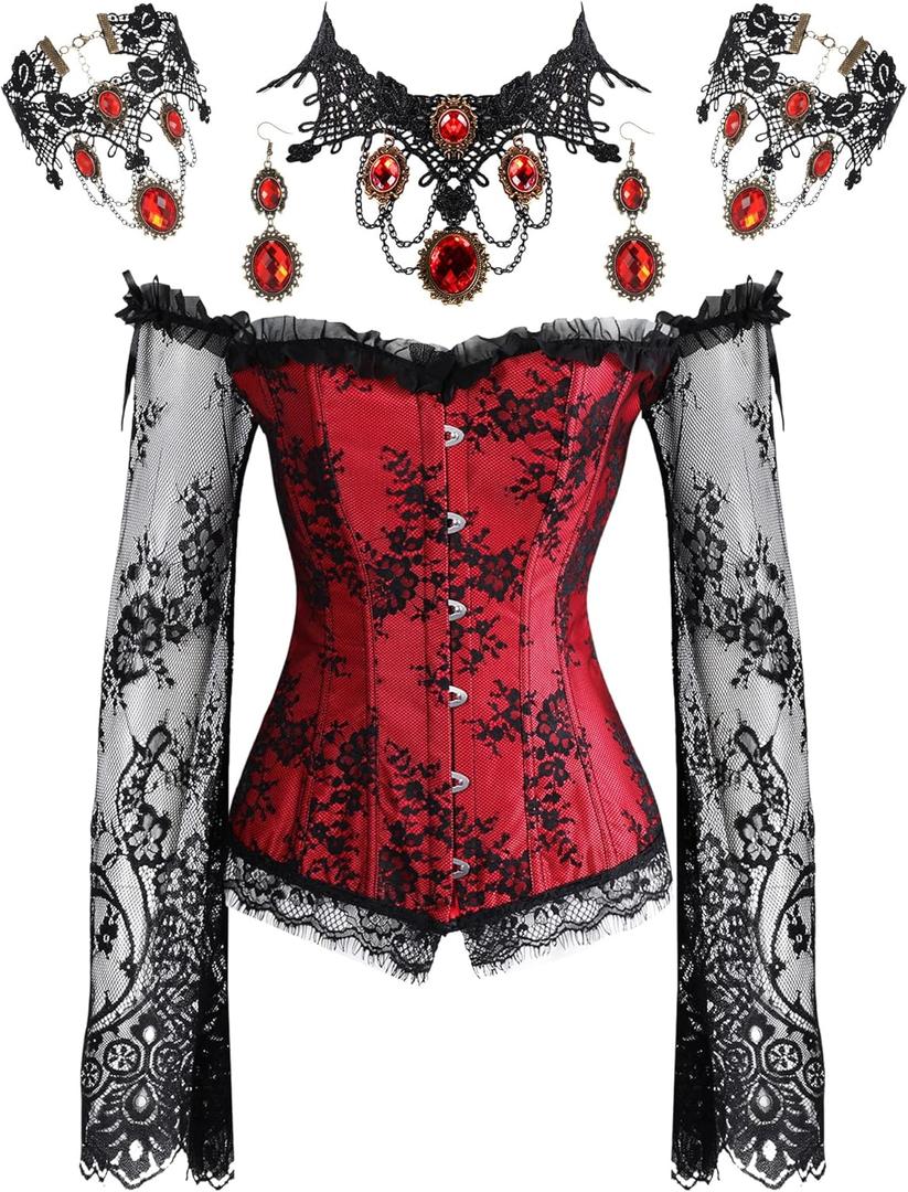Haysandy Halloween Women Gothic Punk Vampire Accessories Corset Tops with Sleeve Corset Lace Choker Necklace Bracelet Earring (Medium, Red)