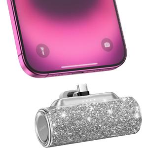4smarts Mini Portable Charger USB C, 4500mAh Small Power Bank with Built-in USB-C Connector, Bling Glitter Battery Pack for iPhone 16/15 Pro/Pro Max/Plus, Samsung Galaxy S24/S23/Android  Shiny Silver