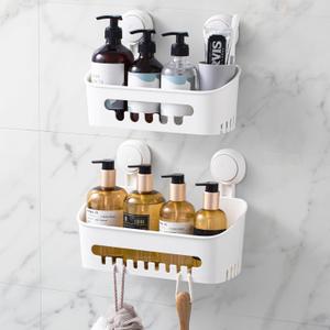 LEVERLOC Shower Caddy Suction Cup, Shower Organizer Removable Bathroom Shelf, Storage Suction Powerful Max Hold 22lbs Bathroom Caddy Waterproof Holder, White, 2 Pack (Medium+Large)