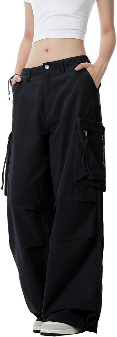 WZIKAI Womens Parachute Cargo Pants Y2K Baggy Cargo Pants Wide Leg Casual Joggers with Pockets (Small, Black)