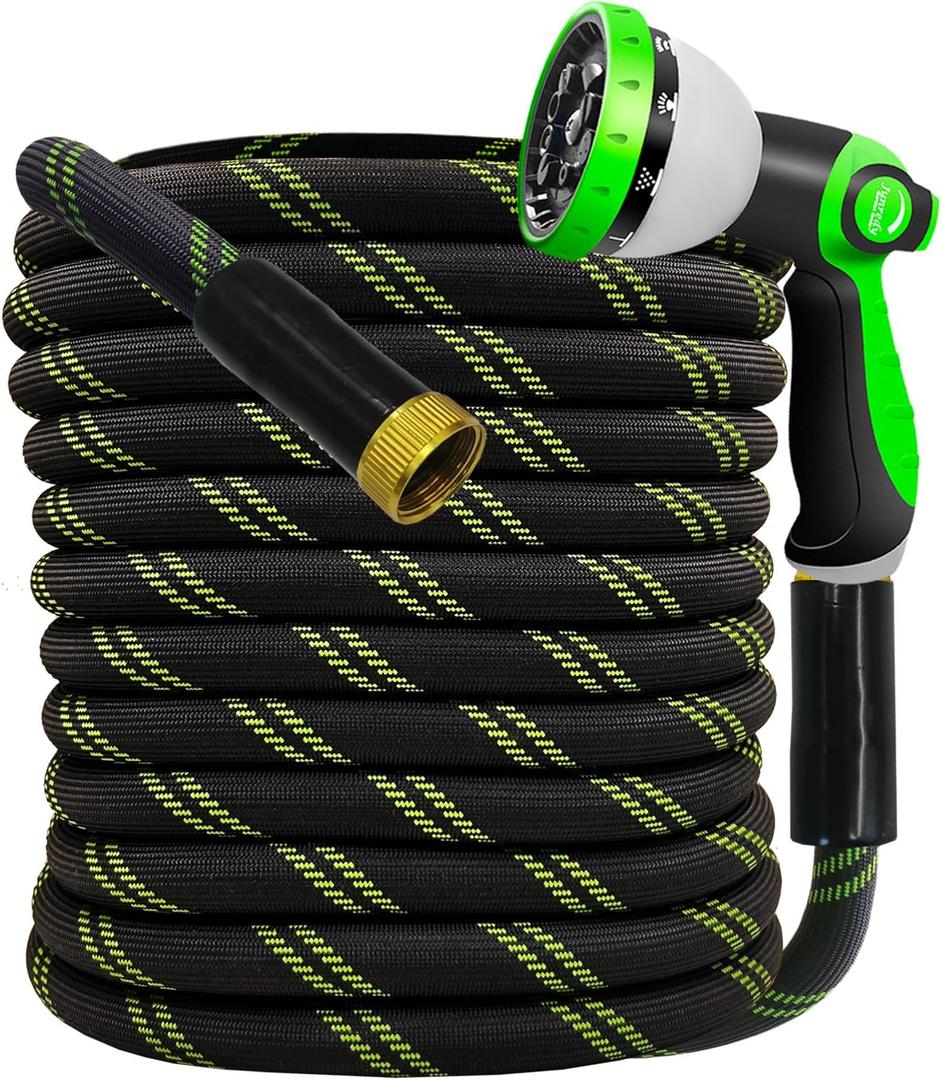 Junredy Garden Hose 25 FT, NON-EXPANDABLE Heavy-Duty Flexible & Lightweight Water Hose with 10-Function Nozzle, No-Kink, Leak-Proof Super Fabric, Solid Fittings for Lawn, Car, Outdoor (Black Green)