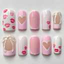 30Pcs Valentine Press on Nails Short Square Fake Nails Pink French Tip False Nails with Heart Red Lips & Bow Designs Cute Nails Glue on Nail Reusable Stick on Nails for Women Valentines Nails Kit