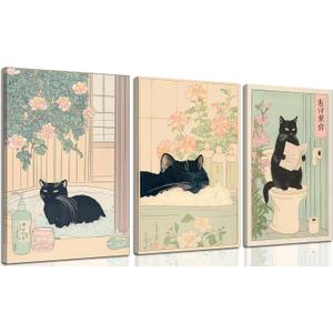 3Pcs Funny Japanese Bathroom Cat Wall Art Cute Animal Painting Picture Wall Decor Cats Lovers Prints Poster Print Artwork for Bathroom Toilet Home Decoration Framed (16"L x 12"W, Canvas)