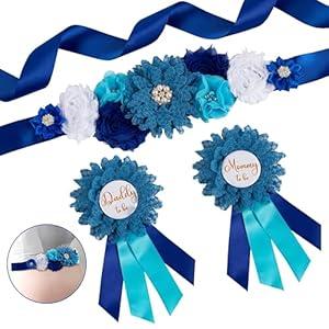 Maternity Sash & Pins Set Daddy to Be Corsage Mommy to Be Sash Pregnancy Sash Keepsake Baby Shower Flower Ribbon Belly Belt Pregnancy Photo Props (Dark Blue)