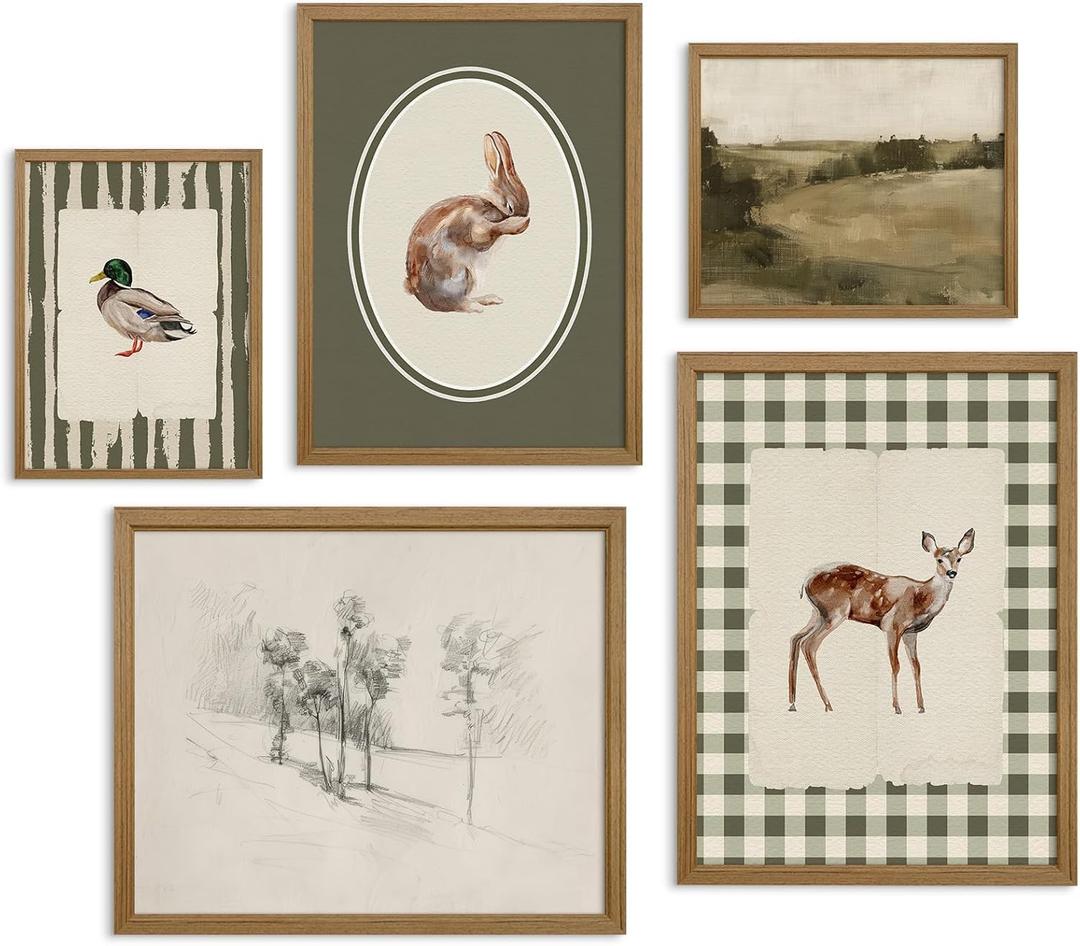 Vintage Nursery Wall Art Kids Canvas Poster Baby Boy Room Wall Decor Green Rabbit Wall Art Bunny Bird Prints Deer Picture Farmhouse Painting Nursery Artwork for Bedroom 8x10 Inch Wood Framed Set of 5