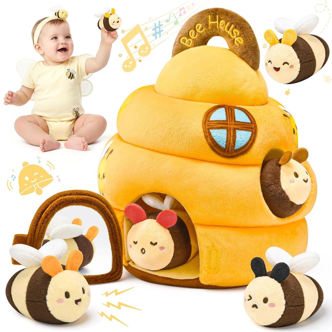 Baby Toys 6-12 Months - Beehive Infant Toy with 5 Sensory Bees Stuffed Animals, Crinkle, Rattle, Mirror & Music, Montessori Toys for 6 7 8 9 10 11 12 Month Old Baby Boys Girls Birthday Christmas Gift