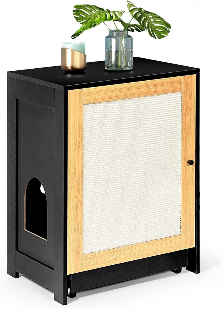 Cat Litter Box Enclosure, Hidden Litter Box with Scratching Board Door and Pull-Out Cat Litter Box Board, Cat Cabinet Cat Litter Enclosure Furniture Cat End Table with Storage, Black