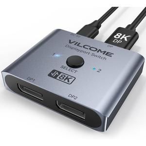 Vilcome DisplayPort Switch 8K Splitter, Plug & Play, One-Button Switching, Bidirectional Display Port Switcher Box 2 in 1 Out/ 1 in 2 Out, 8K@60Hz, 4K@120Hz, 1080P@240Hz for PC Monitor Laptop (Gray) (Grey)