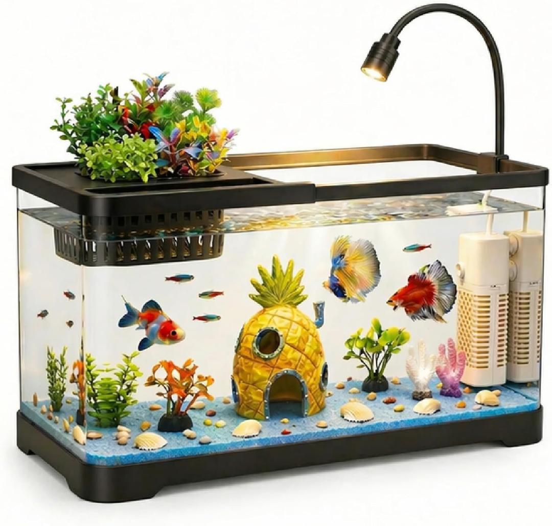 4 Gallon Fish Tank Aquarium Starter Kit with Filter and Light(Medium Black)