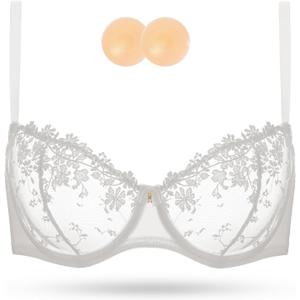 Wingslove Women's Sexy Lace Bra Demi Sheer Mesh Balconette See Through Bralette Unlined Underwire Embroidered (White, 36 D)