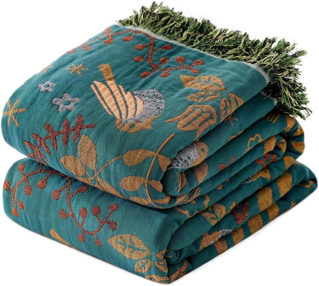 Boho Throw Blanket for Bed 100% Cotton Soft Quilt Spring Lightweight Blanket Bird Floral Embroidery Room Decor Twin Bed Blankets,60"x80" All Season Breathable Throw for Sofa&Couch Chair