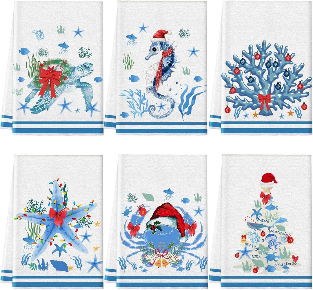 Preboun 6 Pcs Christmas Kitchen Towels Beach Coastal Christmas Decor Ocean Decorative Hand Towels Blue Red Dish Cloth Farmhouse Tea Cloth Kitchen Accessories Bathroom Decor Holiday