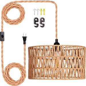 Maliralt Hanging Lamps Rattan Pendant Light Hanging Lights 16.4ft Plug in Cord Pendant Light Fixture Plug Into Wall Outlet Pendant Lighting with On Off Switch for Bedroom Living (Cylindrical Shade)