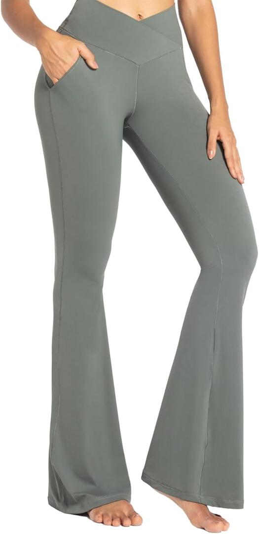 Sunzel Flare Leggings for Women with Pockets, Crossover Yoga Pants with Tummy Control, High Waisted and Wide Leg (XX-Large, Light Grey)