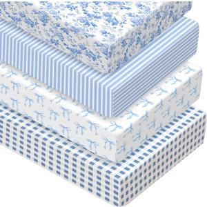 Peryiter 4 Pack Crib Sheets Blue Bow Soft Baby Bed Sheet Set 52'' x 28" Nursery Crib Sheets for Standard Bed Toddler Mattress Nursery Decor Boys Girls Kids