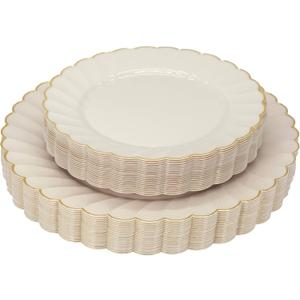 Sobel & Gala PREMIUM 40 Piece Ivory Scalloped Plastic Plates with Gold Rim - 20 Dinner and 20 Dessert - Fancy Disposable Plates for Party - Elegant Wedding Supplies