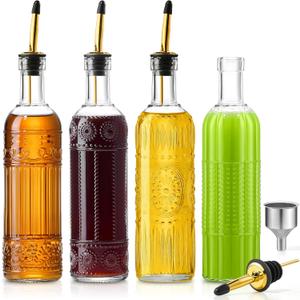4 Pcs Olive Oil Dispenser Bottle for Kitchen,17oz Clear Glass Oil and Vinegar Dispenser Bottle Set, Classic Coffee Syrup Dispenser with 4 Stainless Steel Spouts and 1 Funnel (Round)