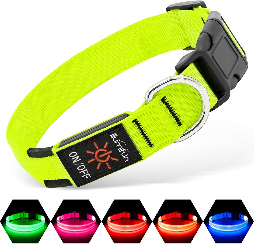Illumifun Light Up Dog Collar, USB Rechargeable LED Dog Collar Glow in the DarkAdjustable Pet Safety Lights for Night Walking (Green, Medium)