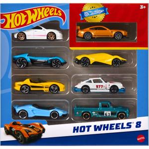 Hot Wheels, Set of 8 Basic Toy Cars & Trucks in 1:64 Scale, Includes 1 Exclusive Car, Different Mixes Released Throughout The Year