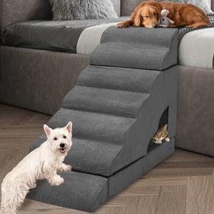 A.FATI 7 Tiers Dog Stairs, Non-Slip Dog Steps for High Beds up to 32"-36" High, Pet Stair for Small Dogs, 34 inch Pet Ramp for Older Dogs, Dark Gray