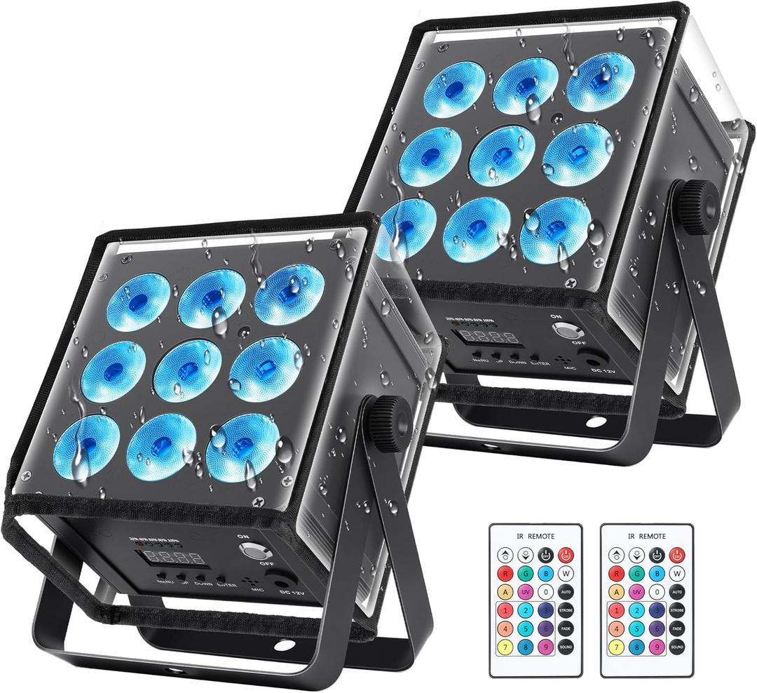 Rechargeable Stage Par Lights with Waterproof Pouch - 54W RGBWA+UV 6IN1 Battery Powered Par Can Lighting with Sound Activated & Remote DMX512 Wireless Uplights for Events Band Weddings (2PCS)