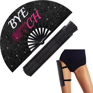 FairySandy Large Rave Fan UV Glow Hand Fan with Thigh Holster for Women Carnival Disco Party Supplies for Carnival Edm Music Festival Club Accessories Performance(Stylish Style,Black)