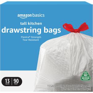 Amazon Basics 13 Gallon Tall Kitchen Drawstring Trash Bags, Flextra Strength, Tear Resistant, 10% Post Consumer Recycled, 90 Count, White