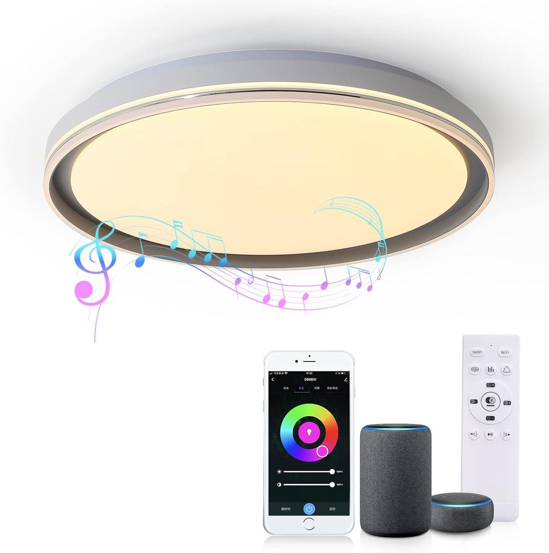Smart LED Music Ceiling Light,with Remote Control Bluetooth Speaker RGB Dimmable,19.68 inch 48W,WiFi App Compatible with Alexa Google Home,Suitable for Bedroom, Living Room and Children's Room