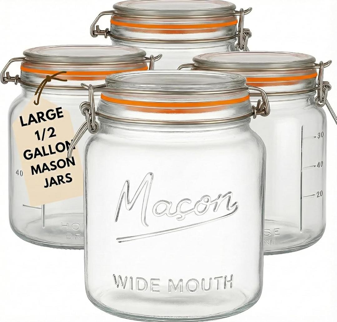 kitchentoolz Large Glass Mason Jars with Airtight Lids - Half Gallon Food Storage & Canning Jars with Measurement Markings - Kitchen Pantry Containers for Flour, Sugar & Dry Goods - 64 oz (4pk)