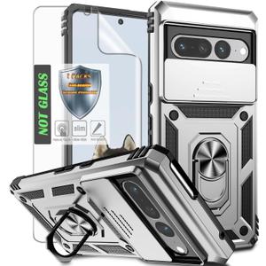 AYMECL for Pixel 7 Pro Case with Camera Lens Cover, HD Screen Protector, Military Grade Drop Protection, Magnetic Ring Holder Kickstand Protective Phone Case for Google Pixel 7 Pro, Silver