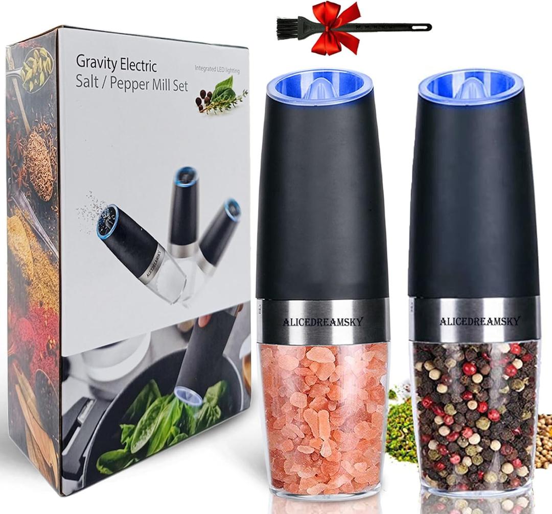 2 Pack Gravity Electric Salt and Pepper Grinder Set Automatic Battery Powered Salt Mill, Adjustable Coarseness, with Blue LED Light, One Hand Operated