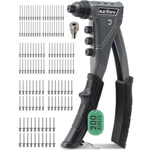Kerry One-Handed Rivet Gun, 3/32" 1/8" 5/32" 3/16" Pop Rivet Gun Set, Manual Riveting Tool with 9.6" Extended Handle, 200 Rivets, 4 Tool-Free Interchangeable Heads, Profeesional Hand Riveter (grey)
