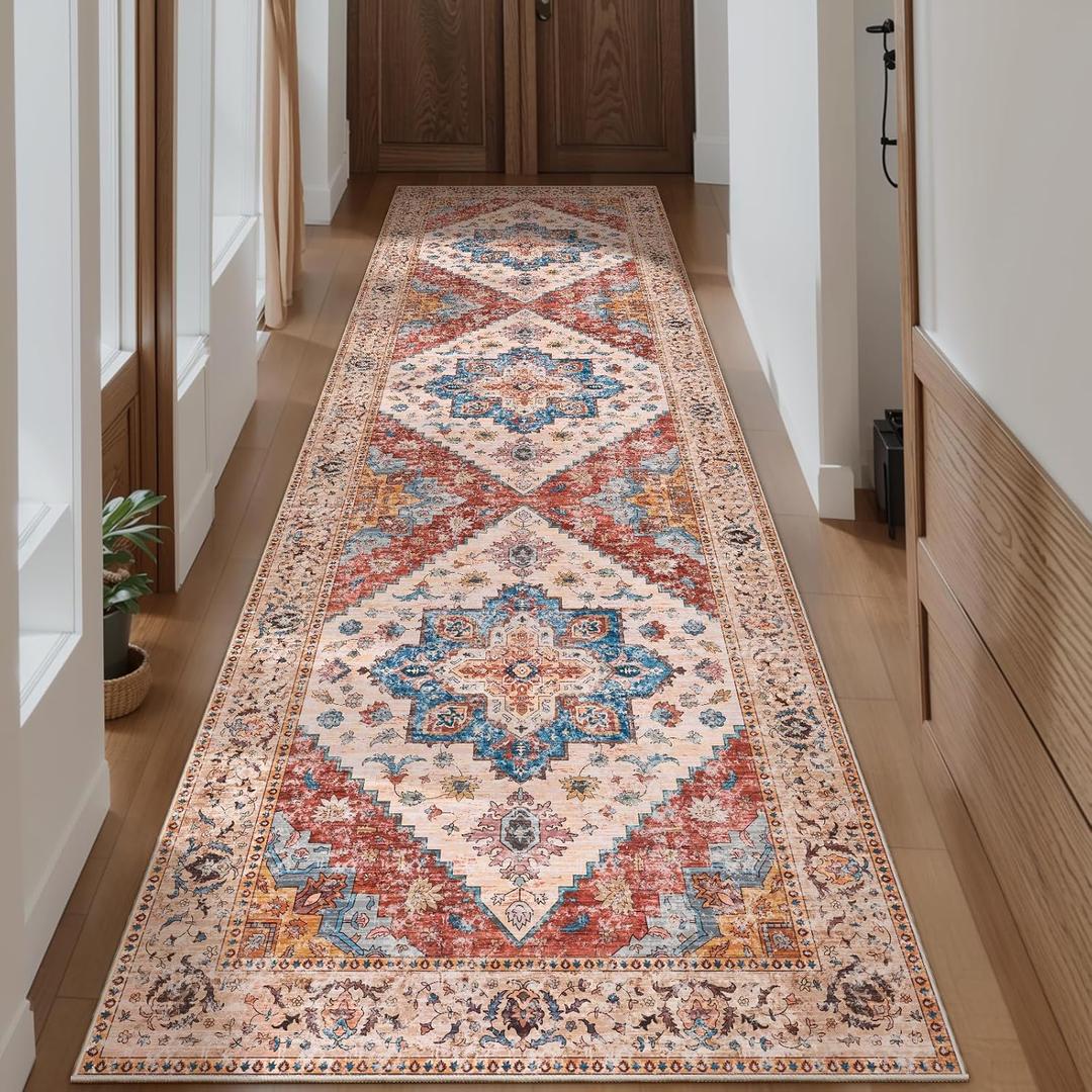 Ciicool Washable Vintage Runner Rug - 2'6" x 10' ft Hallway Carpet, Boho Low Pile Long Non Slip Soft Stair Runner Kitchen Carpet Indoor Oriental Throw for Living Room Bathroom Entry (Vintage Orange/Blue)