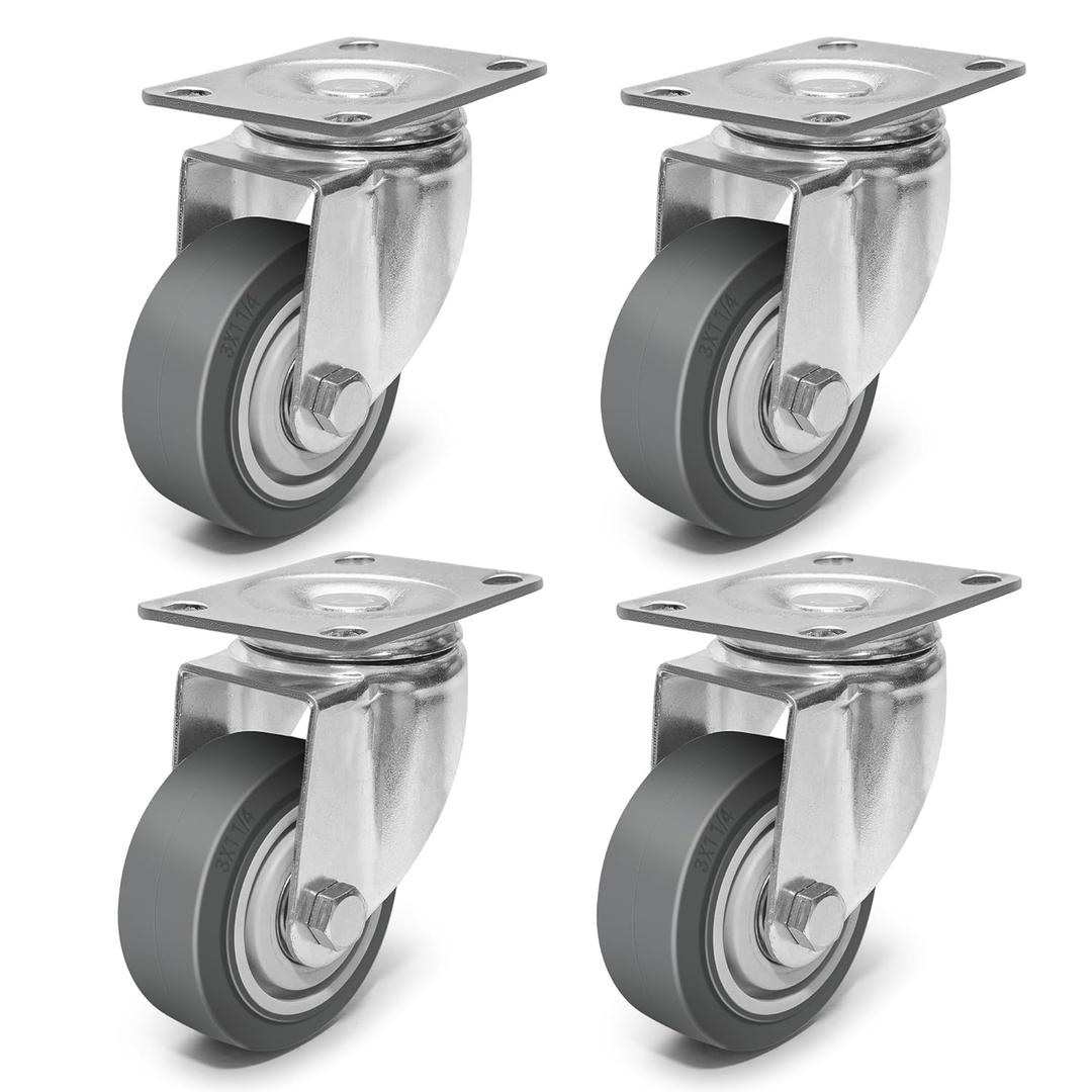 3 Inch Caster Wheels, Rubber Wheels Silent Castor- Set of 4 Heavy Duty Caster Wheels with Brake 1200Lbs, Industrial Plate Casters Wheels for Cart Furniture Workbench (4 Swivel)