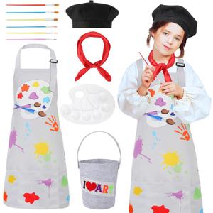 Artist Costume for Kids, Painter Dress Up with Beret, Paint Bucket, Palette, Brush, Scarf, Apron for Boys and Girls