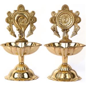 SATVIK 2 Pc Pair of Brass Designer Shankh Chakra Diya Traditional Indian Festive Diwali Puja Pooja Mandir Home Temple Oil Lamp Dia Indian Housewarming Return Gift Items