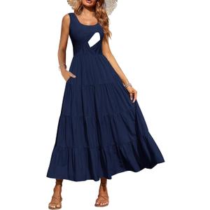 Women's Nursing Dresses Smocked Crew Neck Summer Sleeveless Tiered Maxi Dress with Pockets (Large, Navy)
