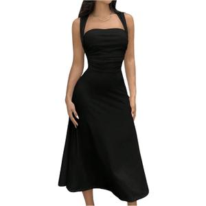 SOLY HUX Women's Square Neck Formal Dress Sleeveless Flowy A Line Ruched Waist Elegant Long Dresses L 