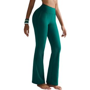 RUNNING GIRL Flare Pants with Pockets, High Waist Yoga Pants Buttery Soft Bootcut Wide Leg Leggings for Women (Green, L)