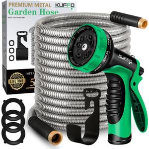 KUFFO Metal Garden Hose 50 ft - Heavy Duty Stainless Steel 304 Water Hose with 10 Function Nozzle - Flexible, Lightweight, Puncture-Resistant, No-Kink Outdoor Metal Hose for Yard, Gardening, Patio, RV